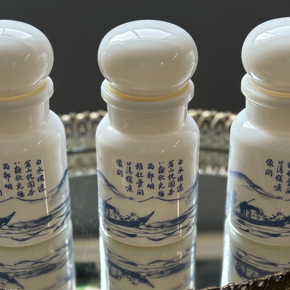3 Vintage Chinoiserie milk glass lidded jars, made in Belgium.